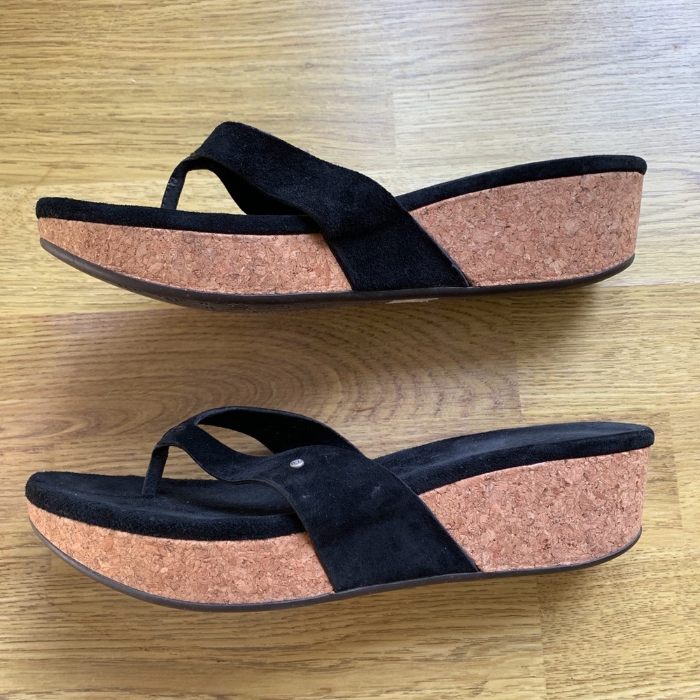 UGG Black Cork Heeled Slip On Sandals
